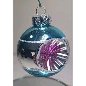 Vintage Pink Indent Teal Silver Plastic Christmas Ornament  2” Unmarked